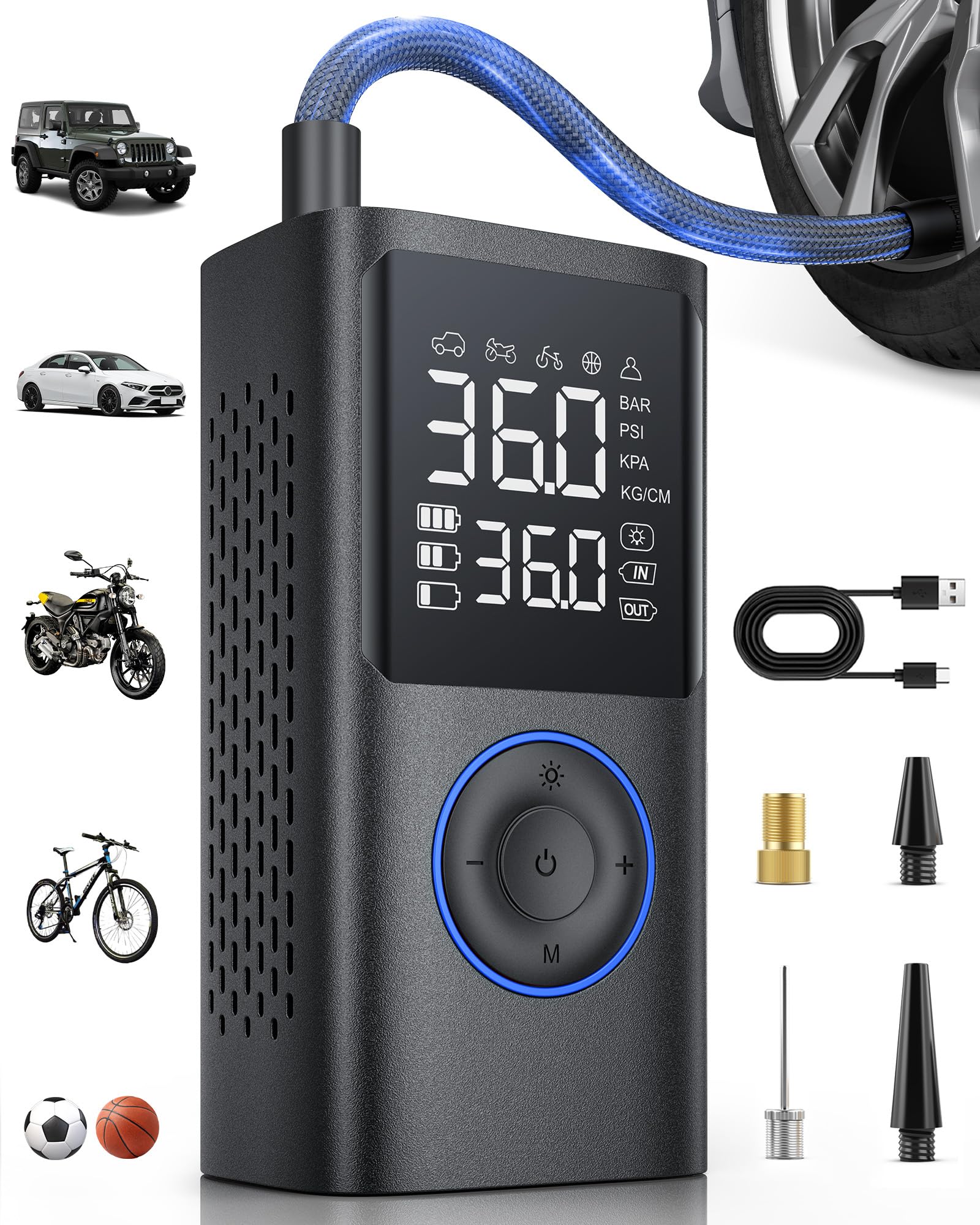 Powools Tire Inflator Portable Air Compressor, 150 Psi Cordless Mini Bike Tire Pump, Air Pump For Auto, Motorcycle, Bicycle, Bal